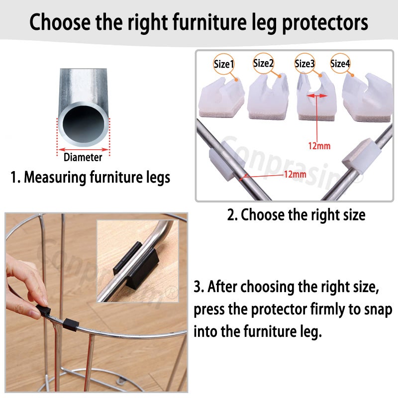 Conprasim Rectangle Shaped Chair Leg Tips Caps with Felt Pads,Furniture Feet Protectors Slide Smoothly No Scratches No Noise Protect Hardwood Floors, Fit Diameter 10mm Metal Furniture Leg (White 8 Pack) - Image 5